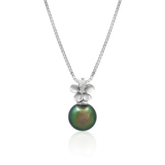 Sterling Silver Plumeria Tahitian Peacock Pearl Diamond Pendant