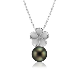 Sterling Silver Plumeria Pendant with Tahitian Black Pearl