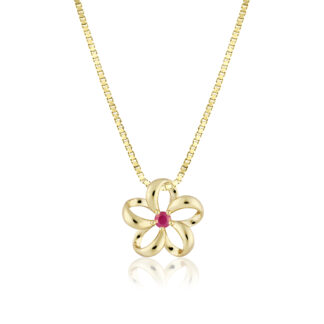 Gold Floating Plumeria Pendant w/ Ruby 13mm