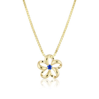 Gold Floating Plumeria Pendant w/ Sapphire 13mm