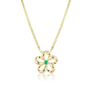 Gold Floating Plumeria Pendant w/ Emerald 13mm