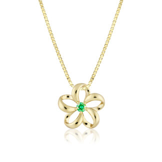 Gold Floating Plumeria Pendant w/ Emerald 15mm