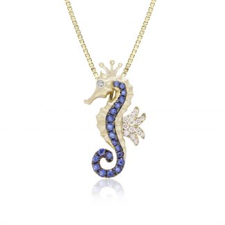 Gold Blue Sapphire Seahorse Pendant
