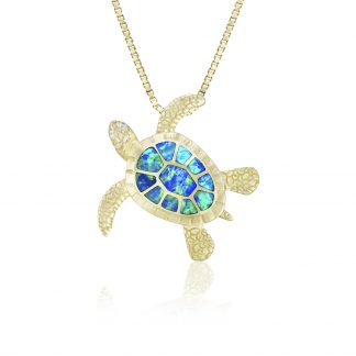 Blue Opal Turtle Gold Pendant 24mm