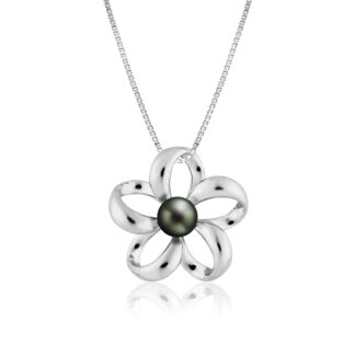 Sterling Silver Contour Plumeria Pendant with Tahitian Black Pearl